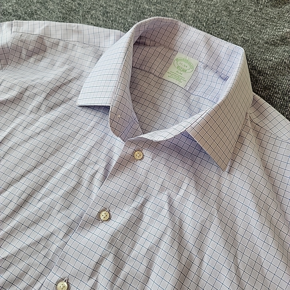 Brooks Brothers Shirt Men's 17 34 Slim Purple Check Button Up Non Iron Stretch